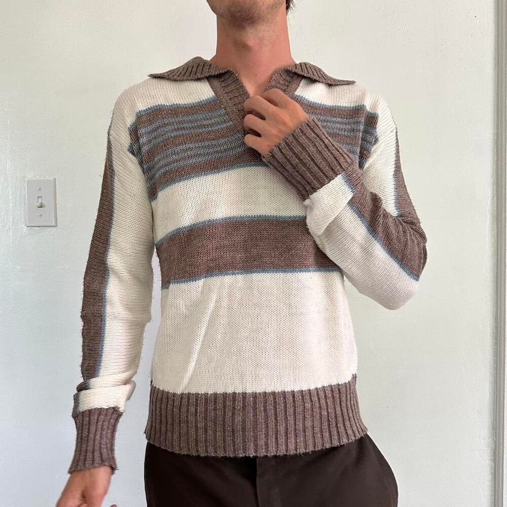 Vintage 70s Striped Collar Rugby Preppy Knit Sweater Longsleeve Pullover - Picture 3 of 7